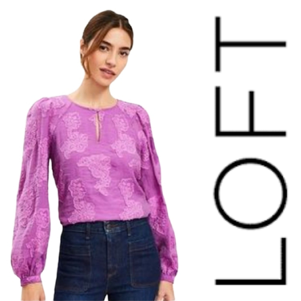 LOFT Floral Jacquard Keyhole Blouse In Violet